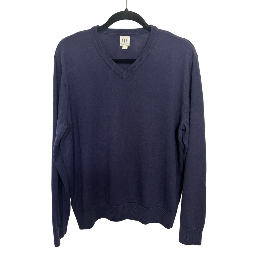 Gap 100% Merino Extra Fine Wool V Neck Navy Blue Sweater Men’s Size Large Preppy